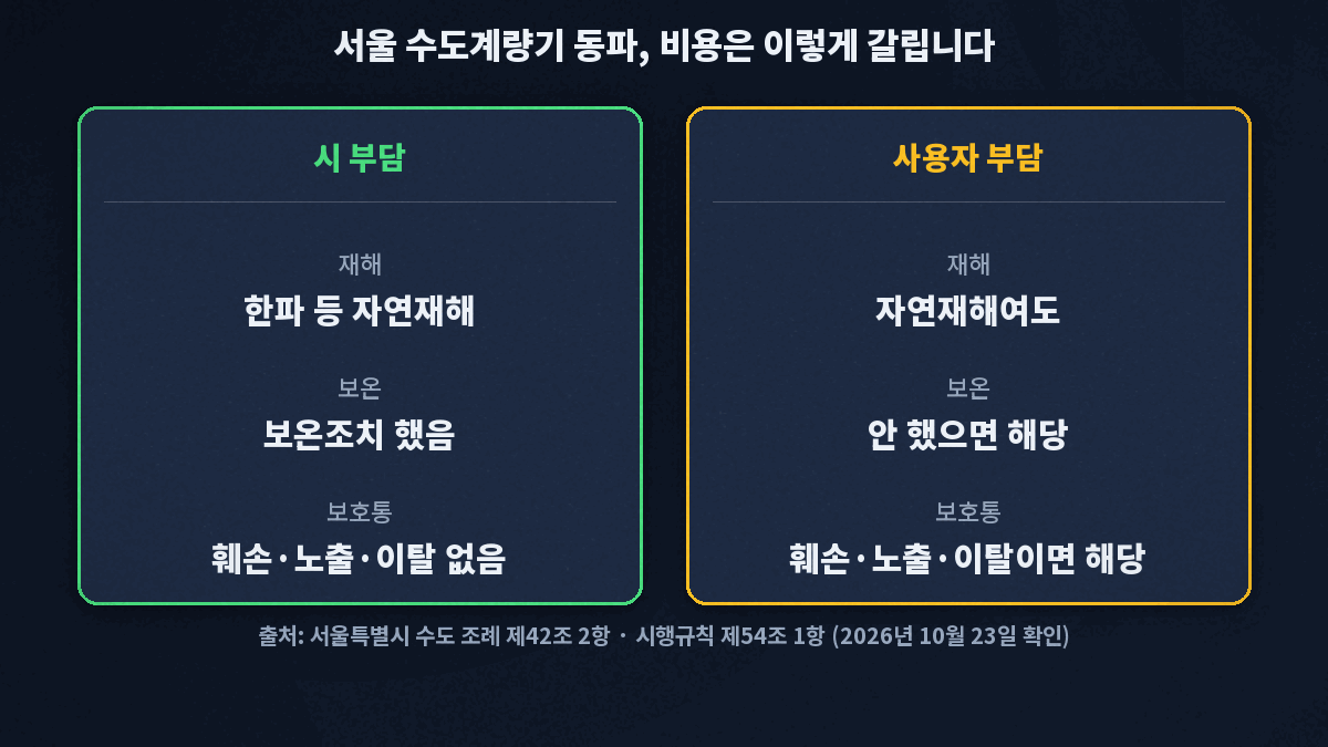 수도 계량기 동파 시 비용 판정 흐름은 서울 수도 조례 제42조②에 따라 자연재해로 동파되면 시가 부담하고, 보온조치를 하지 않았거나 보호통이 훼손·노출·이탈됐다면 사용자가 부담한다
