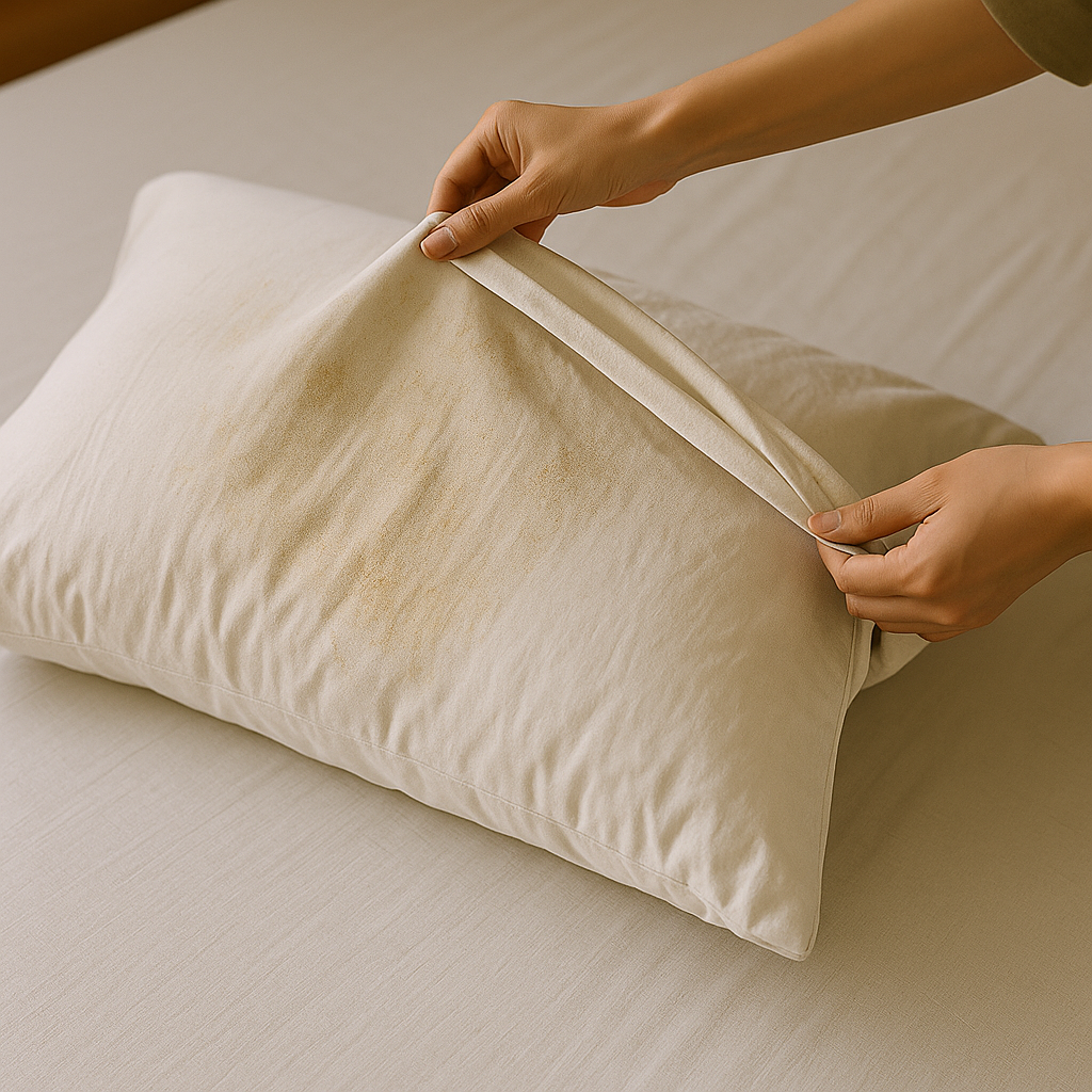 사용자가 얼룩진 베개 커버를 벗겨내는 장면