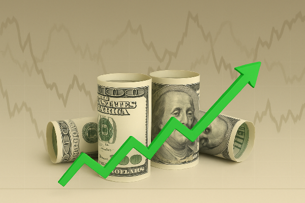 미국 달러 지폐와 코인, 그리고 상승 화살표