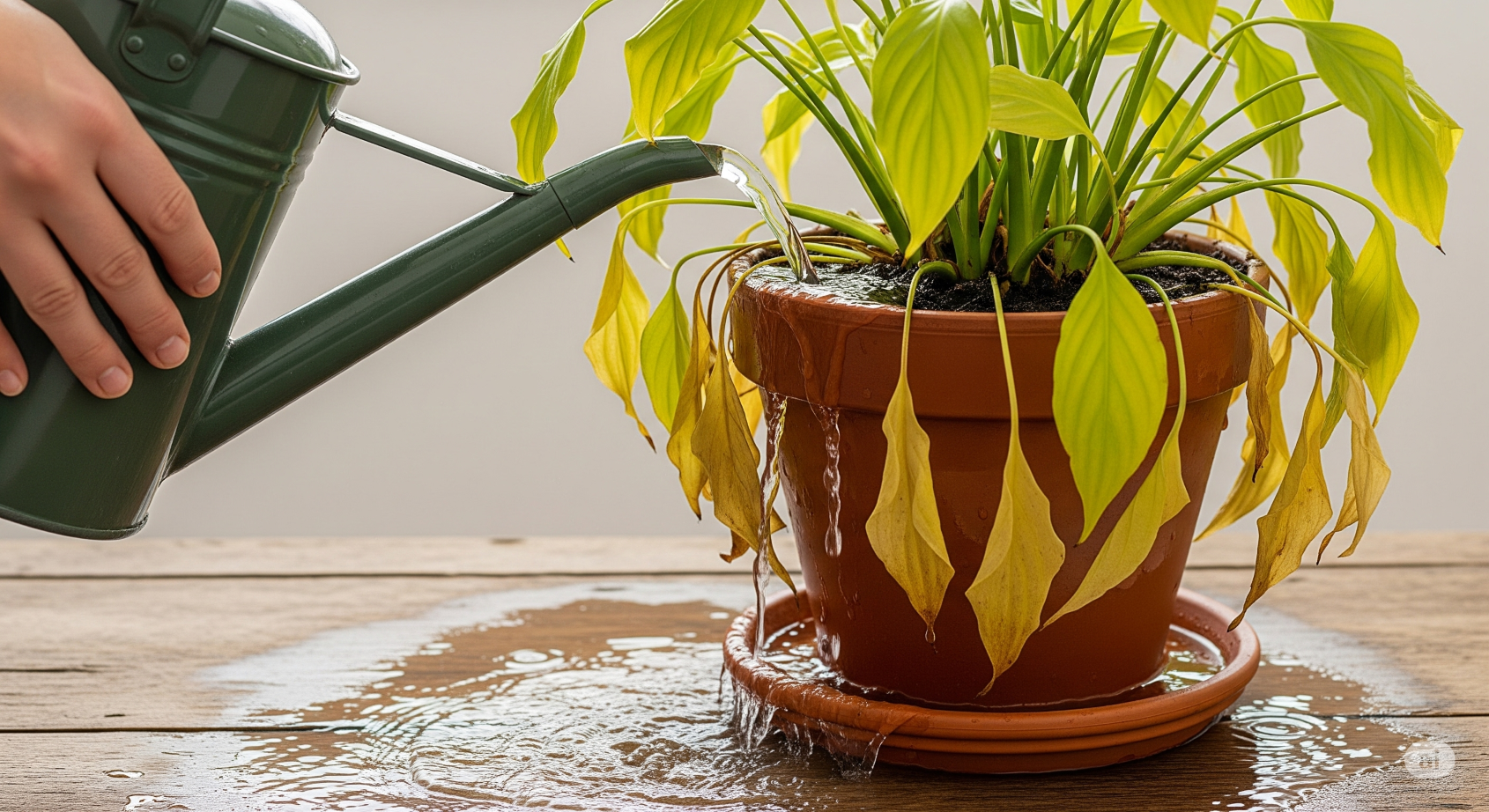 화분에 물을 과하게 주는 이미지