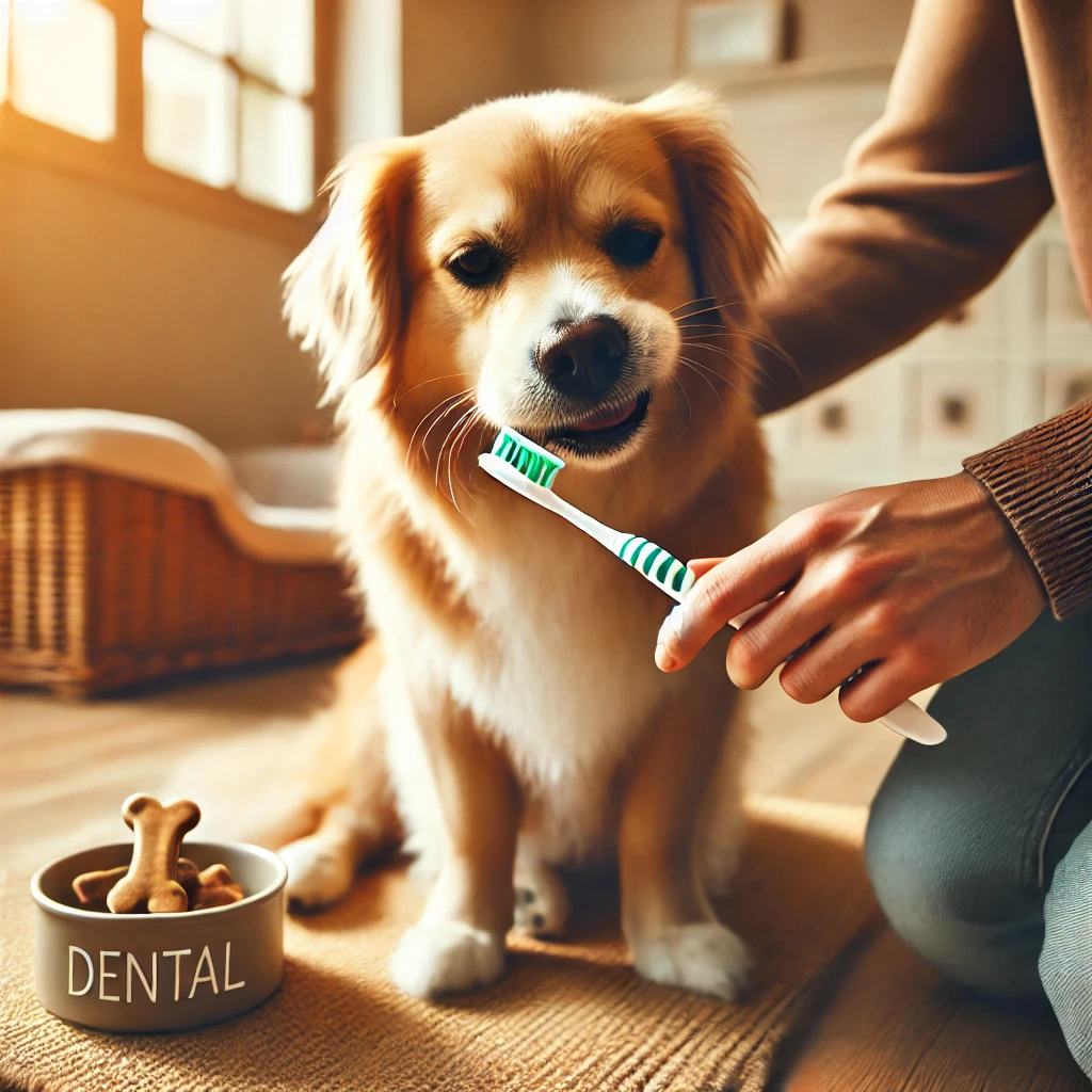 구강 관리를 위해 양치하는 반려견 모습