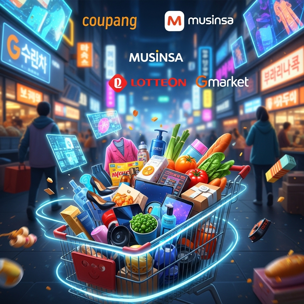 한국의 대형 쇼핑몰 로고(쿠팡, 무신사 등 상징적인 이미지)와 '최대 할인' 문구가 강조된 역동적인 쇼핑 이미지