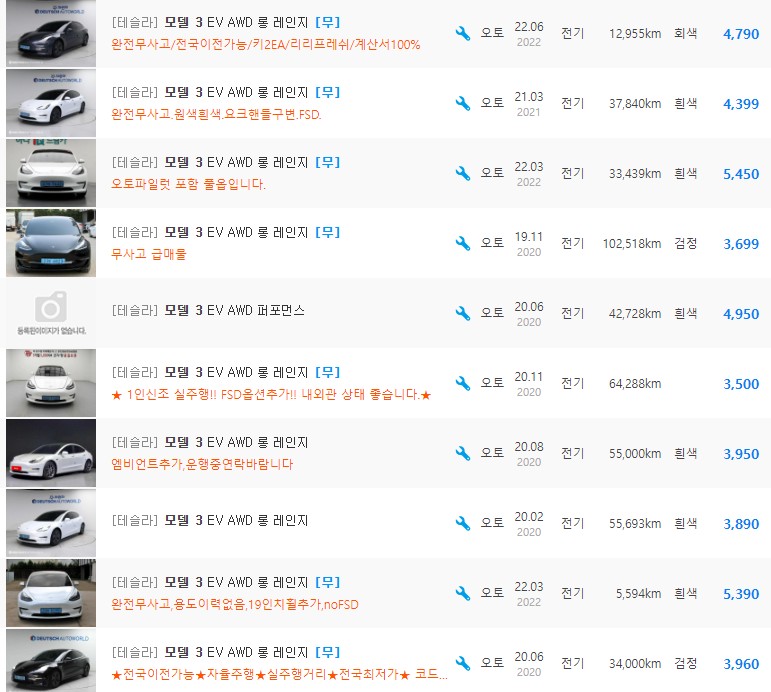 테슬라 모델3 등급 중고차 가격 : 2,889만원 ~ 5,550만원