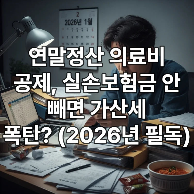 2026년 1월 연말정산 시즌, 의료비 영수증과 실손보험 서류를 검토하며 고민하는 직장인과 국세청 홈택스 화면