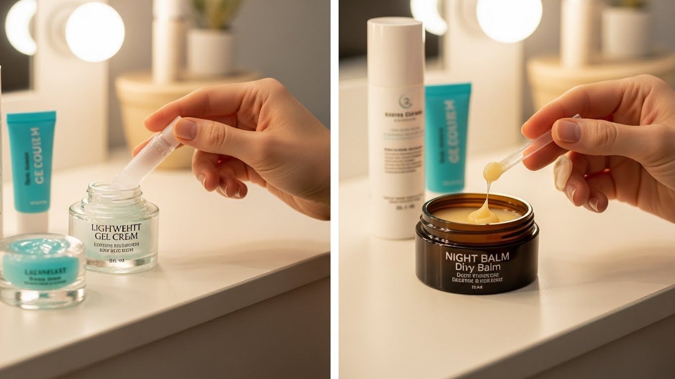두 가지 뚜렷한 스킨케어 루틴을 보여주는 분할 이미지 또는 콜라주입니다.