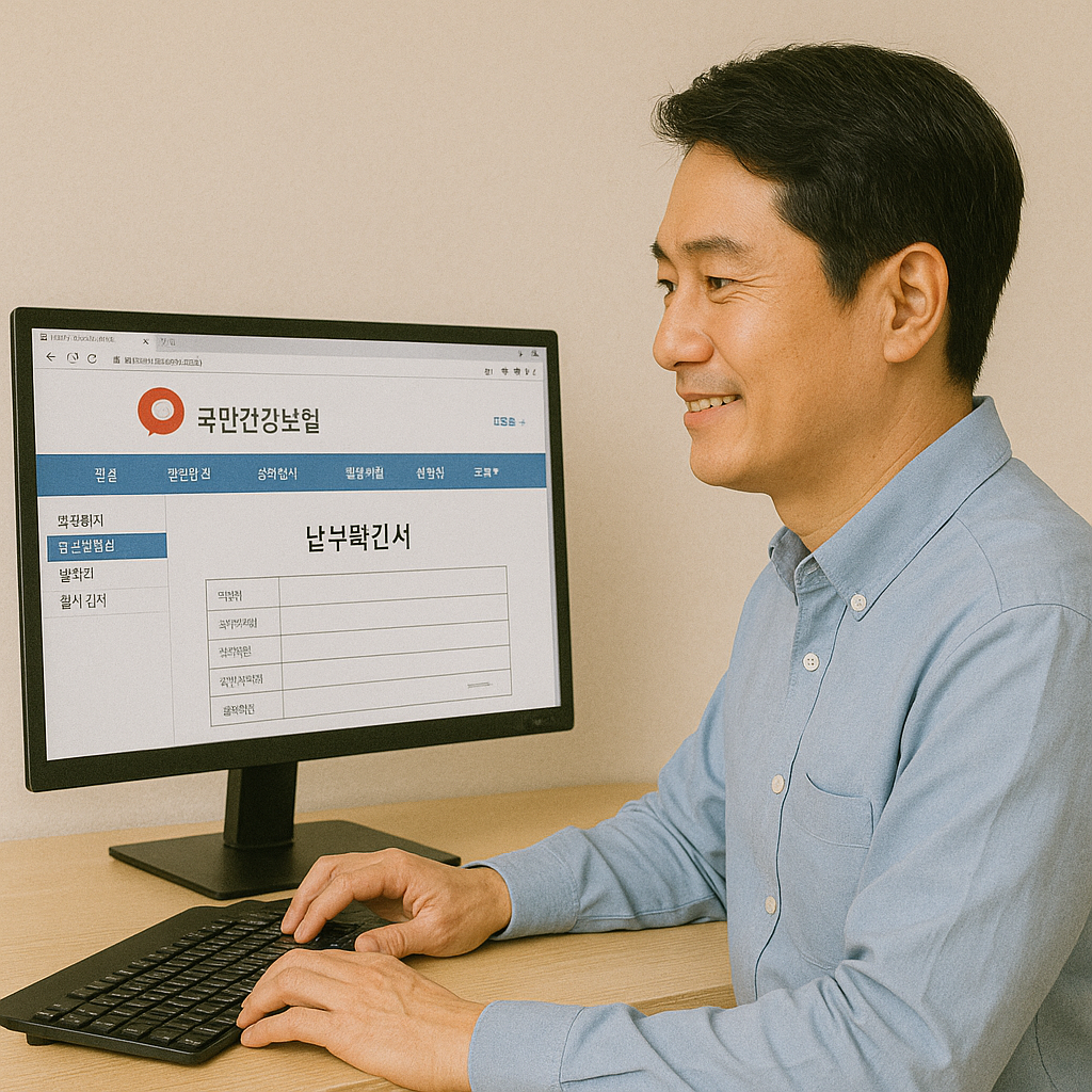컴퓨터 화면으로 건강보험공단 홈페이지에 접속해 납부확인서를 출력 중인 남성의 모습