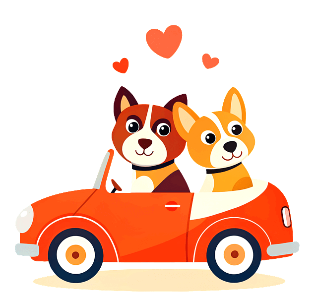 개 두마리가 빨간 오픈카를 운전하며 드라이브를 하는 그림이다.