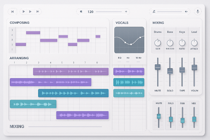 AI 통합 음악 제작 플랫폼을 시각화한 인터페이스 이미지