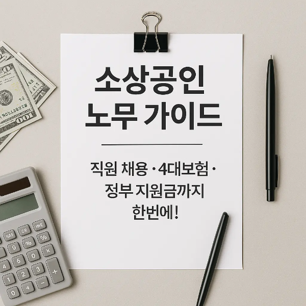 소상공인 노무 가이드 문서와 계산기, 펜, 달러 지폐가 정돈되어 있는 스튜디오컷 이미지