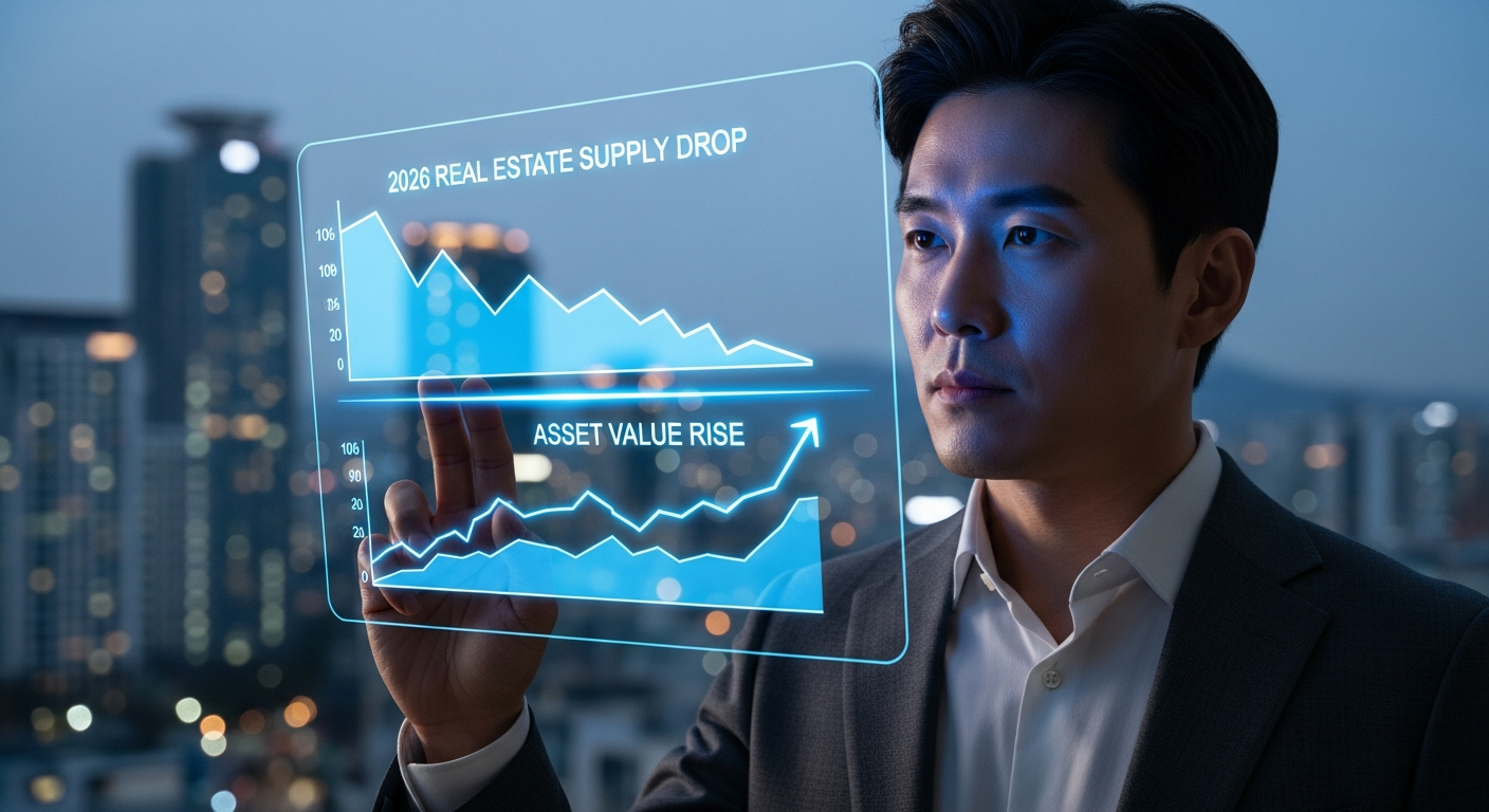 검은 머리의 젊어 보이는 중년 한국인 남성 투자자가 스마트 캐주얼 정장을 입고, '2026 부동산 공급 절벽'과 '자산 가치 상승' 그래프가 표시된 떠오르는 3D 홀로그램 차트를 집중해서 보고 있다. 배경은 현대적이고 흐릿한 서울 도심 풍경이다.