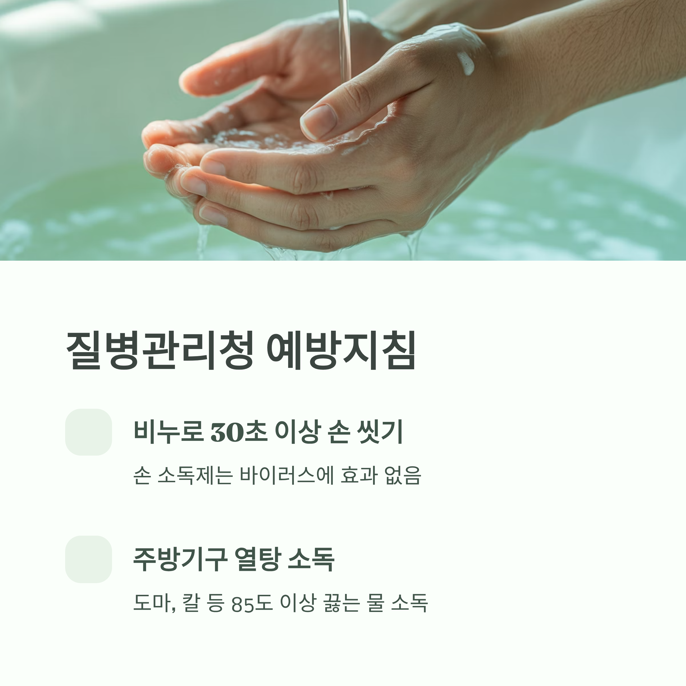 질병관리청 예방지침 안내 인포그래픽으로, 손 씻기와 주방기구 열탕 소독 등 감염 예방 수칙이 시각적으로 정리된 이미지