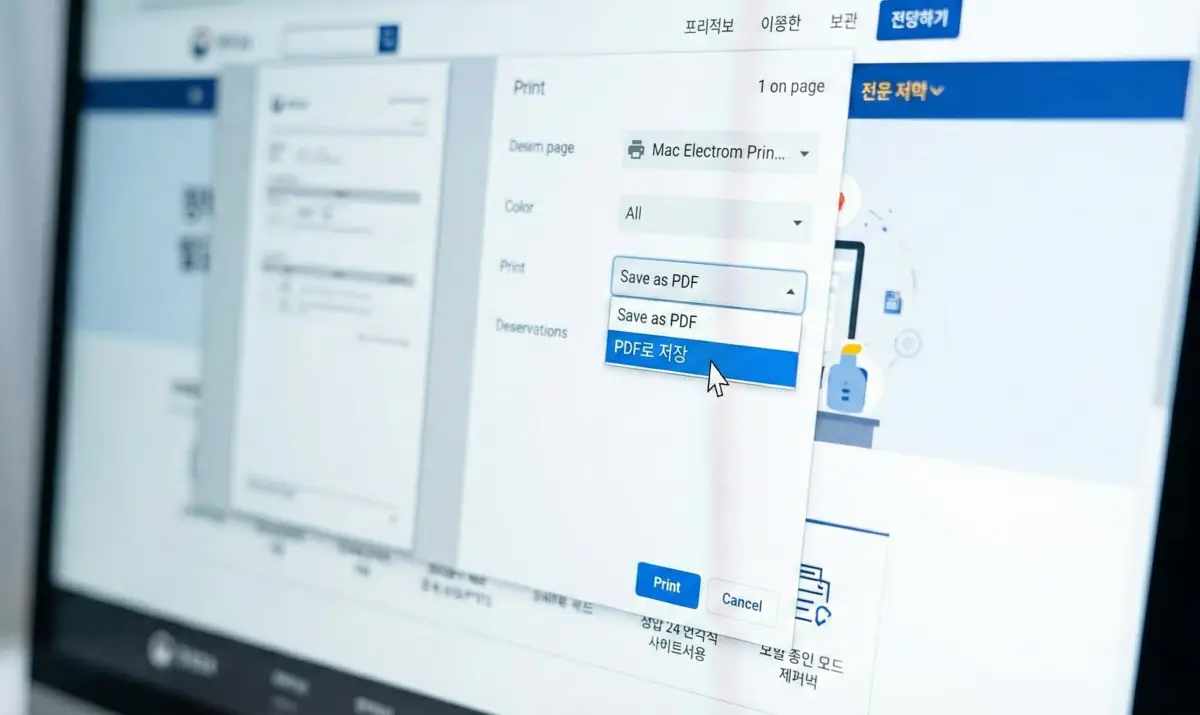 인쇄 대화 상자에서 PDF로 저장 옵션을 선택하는 화면 확대 이미지