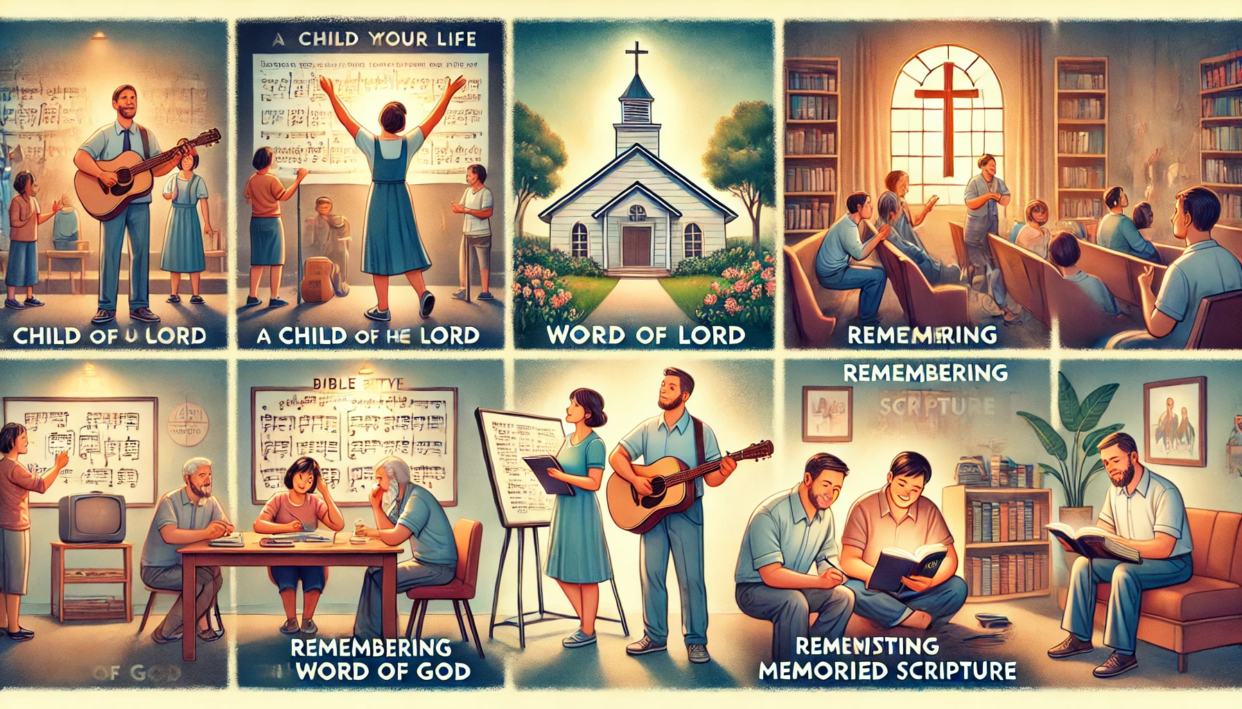 Here is the illustration showing a modern person living their life as a child and servant of the Lord, remembering their identity in Christ. The scenes include praising God through worship, teaching and nurturing others with the Word of God, revisiting memorized scripture, leading Bible study, sharing the gospel, and meditating on the Word. The environment encompasses a church setting, a home study area, and community outreach, reflecting a life dedicated to worship, teaching, and continual spiritual growth.
