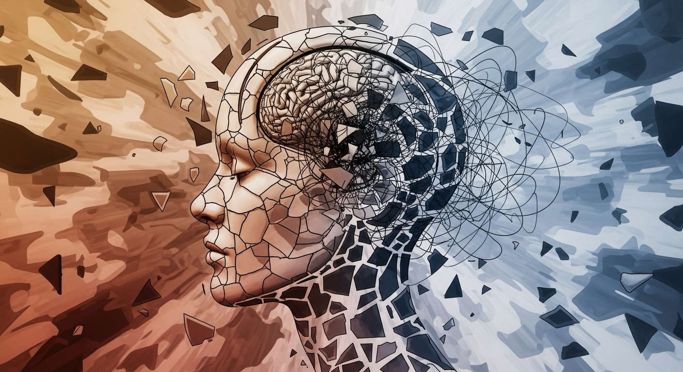 조각난 얼굴과 혼란스러운 선들로 표현된 인간의 파편화된 정신. '조커'의 분열된 인격과 인간의 불완전함을 추상적으로 나타냄.