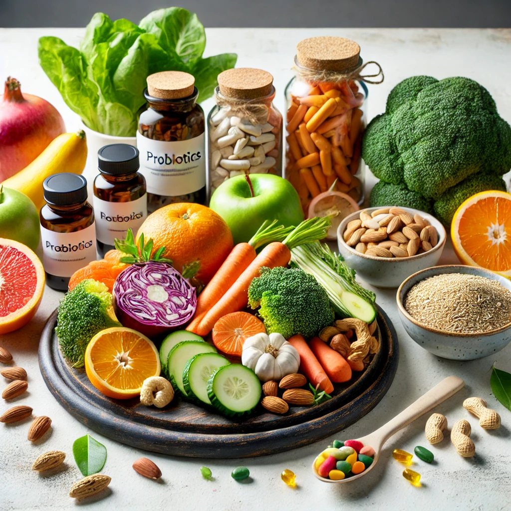 면역력 강화를 위한 건강한 식단과 건강기능식품을 나타내는 이미지