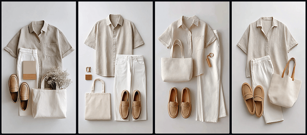 의상 플랫 레이, 베이지 린넨 셔츠와 아이보리 팬츠, 크림 캔버스 토트백으로 구성된 내추럴 데일리 룩 코디 이미지_Midjourney