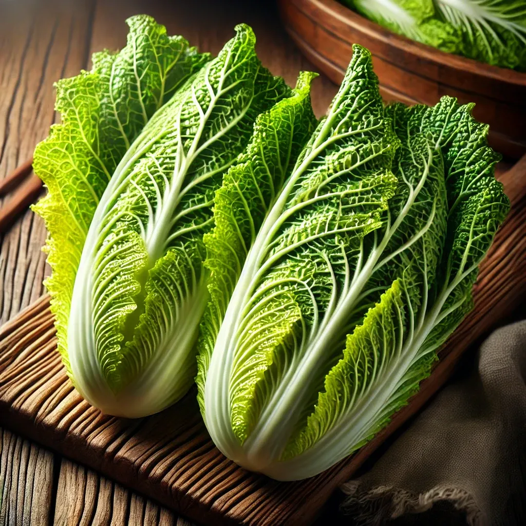 절임배추용-신선한-배추잎-2장-나무-표면