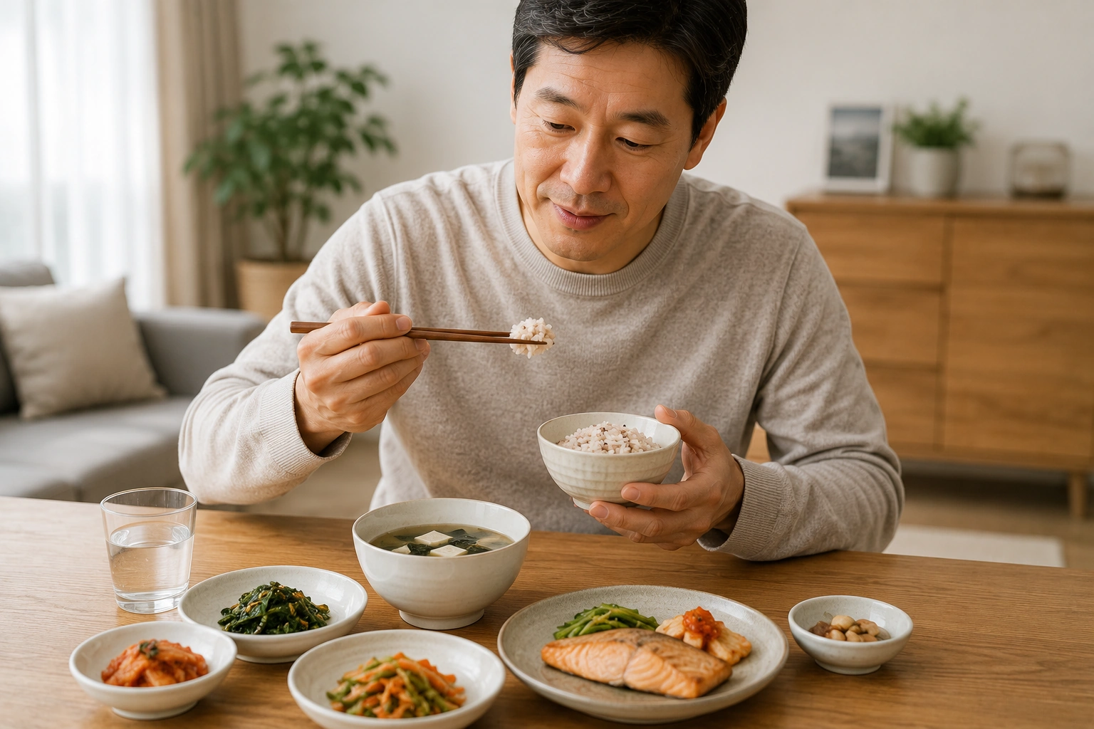 건강한 식사를 하는 중년 남성