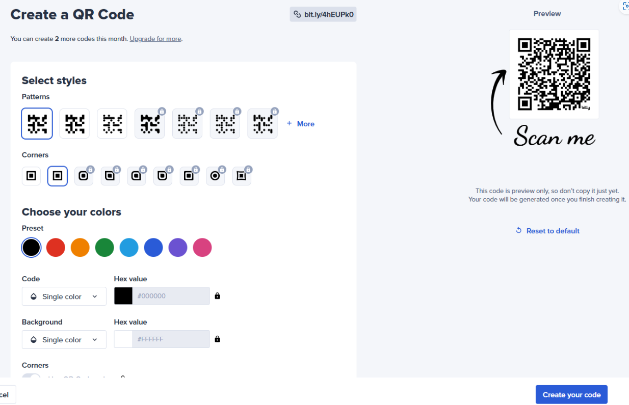 Bitly 홈페이지에서 QR 코드 스타일 생성
