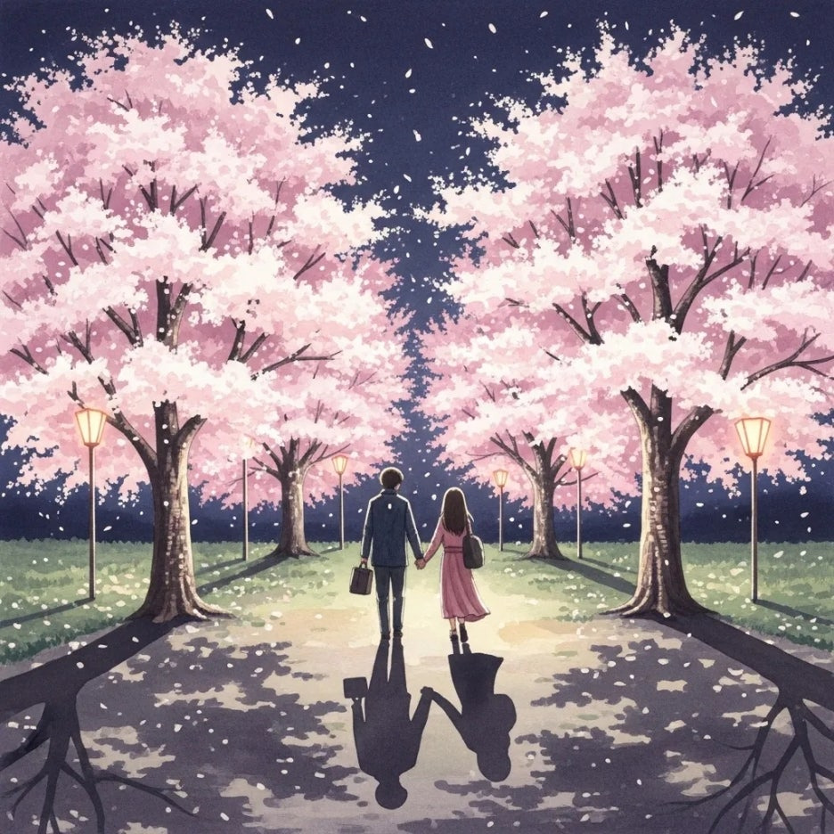 밤하늘 아래 환하게 빛나는 야간 벚꽃