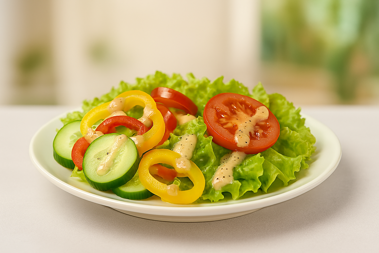 신선한 오이·파프리카·양상추·토마토가 접시에 담긴 생채 샐러드 이미지