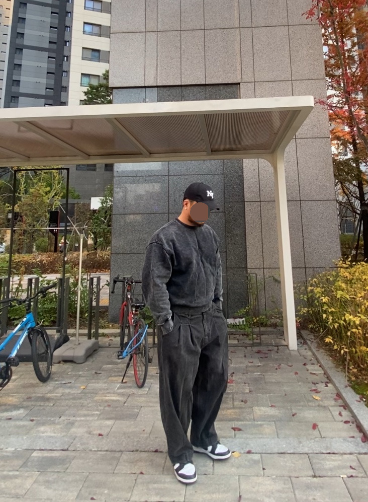 데일리룩('25. 11. 13.)뉴에라 NY 빈티지볼캡, 소버먼트 스톤워싱 빈티지 맨투맨, 무신사스탠다드 데님와이드 벌룬팬츠, 나이키 nike 덩크 로우 돌고래 DD1391-100