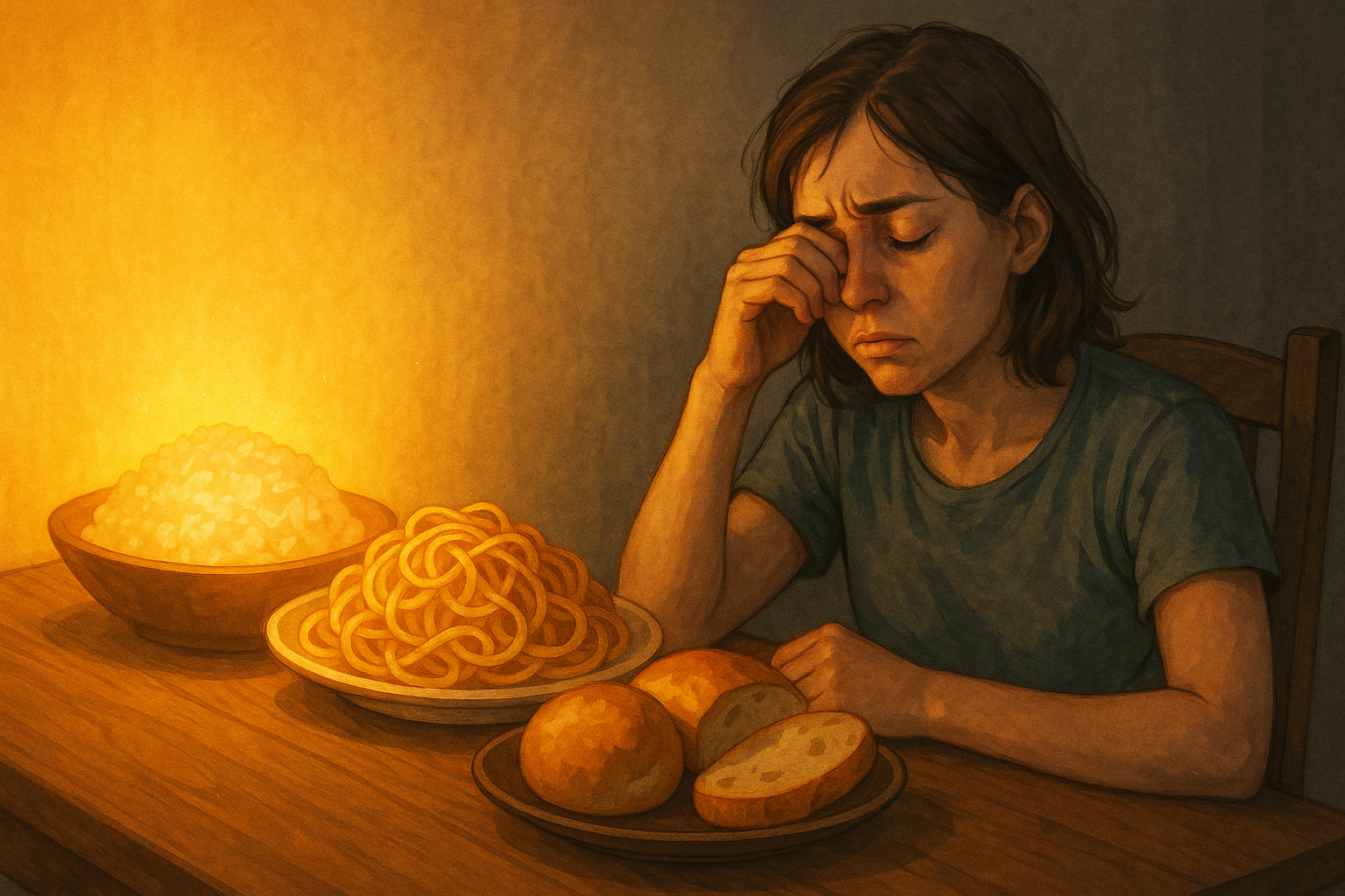 탄수화물을 많이 먹으면 졸림을 나타내는 일러스트