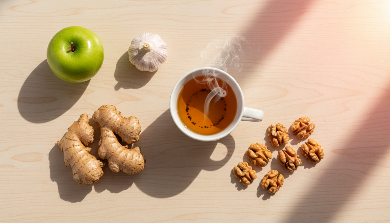 사과, 마늘, 생강, 견과류, 허브차 등 WHO가 장수 식품으로 강조한 건강 식재료들.