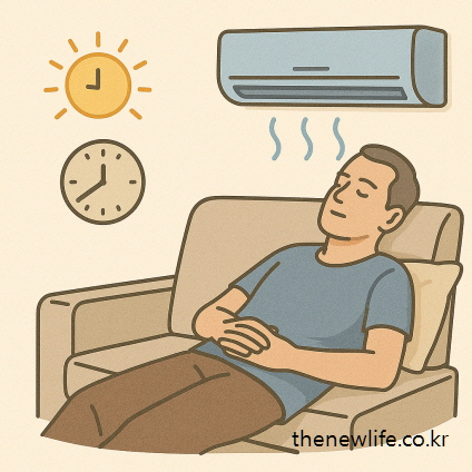 A middle-aged man is resting indoors on a sofa with air conditioning during the hottest hours of the day, avoiding outdoor activity. / 낮 12시~4시 사이 열사병 예방을 위해 무더운 시간대를 피해 실내 소파에서 에어컨을 켜고 쉬고 있는 중년 남성/열사병과 일사병의 차이 설명 이미지