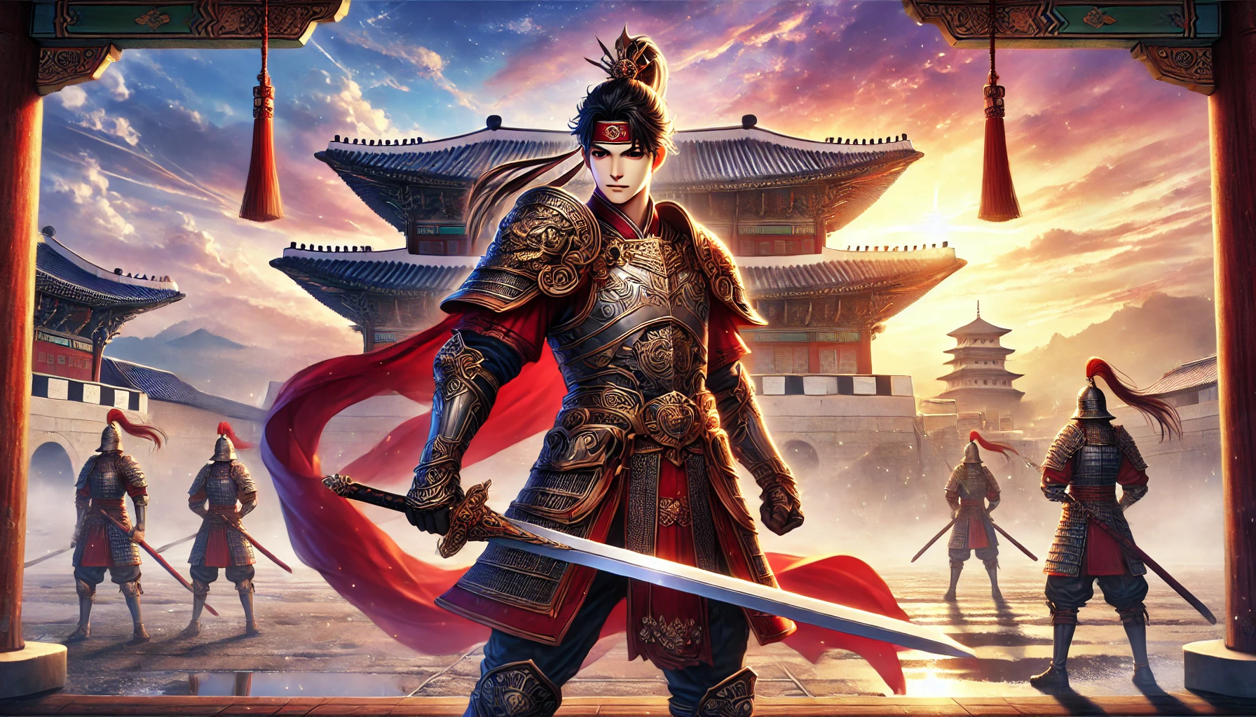 고구려 전사 왕이 고대 한국 갑옷을 입고 전장에 서 있는 모습