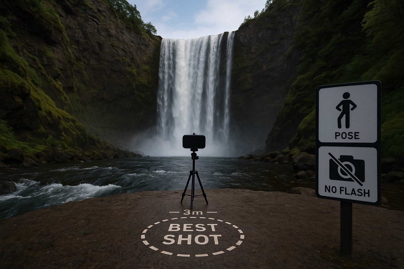 폭포 전망 포토존; 바닥 원형 점선에 ‘Here’ 스텐실, 중앙 카메라는 전경으로 이동, ‘-3m-’ 삭제, 오른쪽에 포즈·노 플래시 표지판