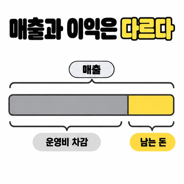 매출과 이익은 다르다 제목 아래 전체 매출 막대를 회색 운영비 차감 부분과 노란색 남는 돈 부분으로 나눈 개념 도식