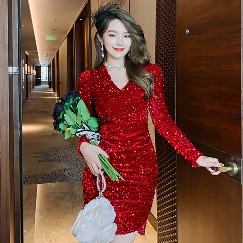 크리스마스파티룩 레드원피스 스팽글 슬림