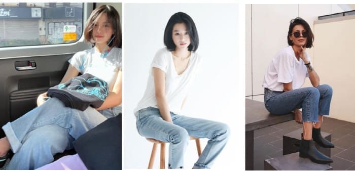 단발머리에청바지,흰티코디