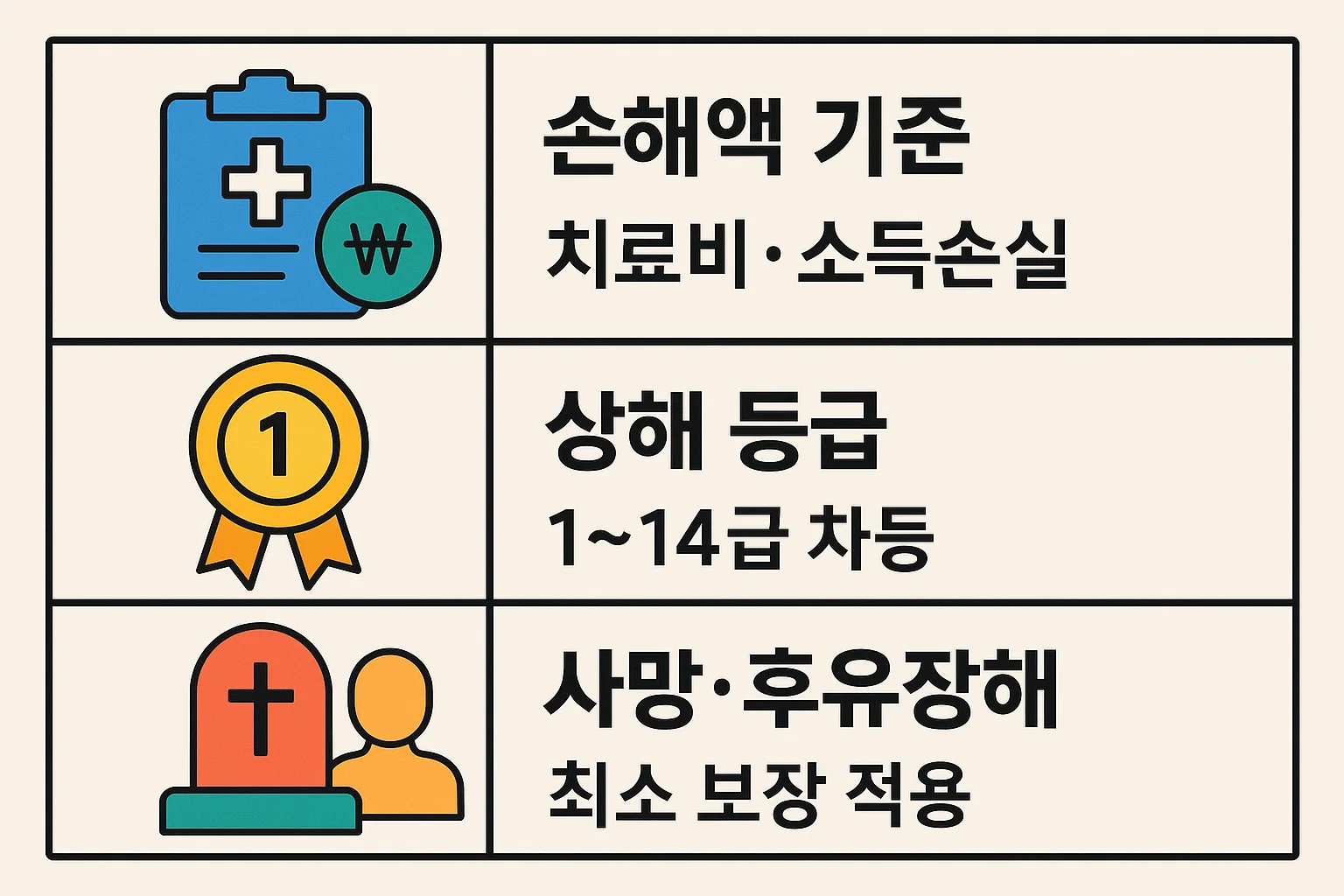자동차보험 책임보험의 보상금 산정 기준을 설명하는 인포그래픽으로, 치료비와 소득손실에 따른 손해액, 상해 등급 1~14급 차등, 사망 및 후유장해 최소 보장 적용까지 구체적으로 보여줍니다.