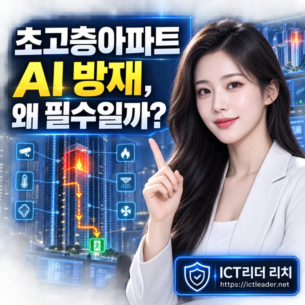 초고층아파트 AI 방재 왜 필수일까라는 제목과 지능형 화재감지 시스템을 표현한 여성 전문가 대표 이미지