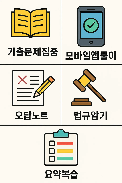 운전면허 필기시험에서 단기간에 합격하기 위해 기출문제 집중 풀이, 모바일 앱 활용, 오답노트 작성, 교통법규 암기, 요약 복습 방법을 안내한 인포그래픽