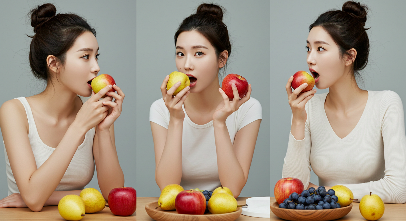 사과 배 포도를 먹고있는 여성들