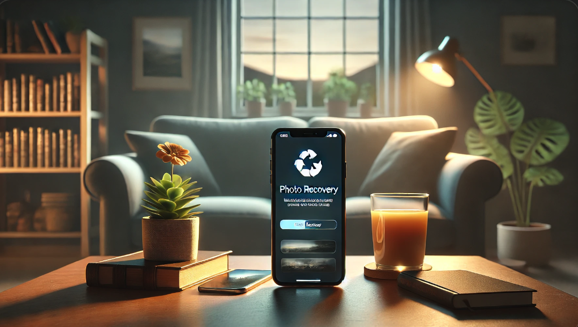 거실의 커피 테이블 위에 놓인 아이폰에서 사진 복구 과정을 보여주는 포근하고 사실적인 이미지
