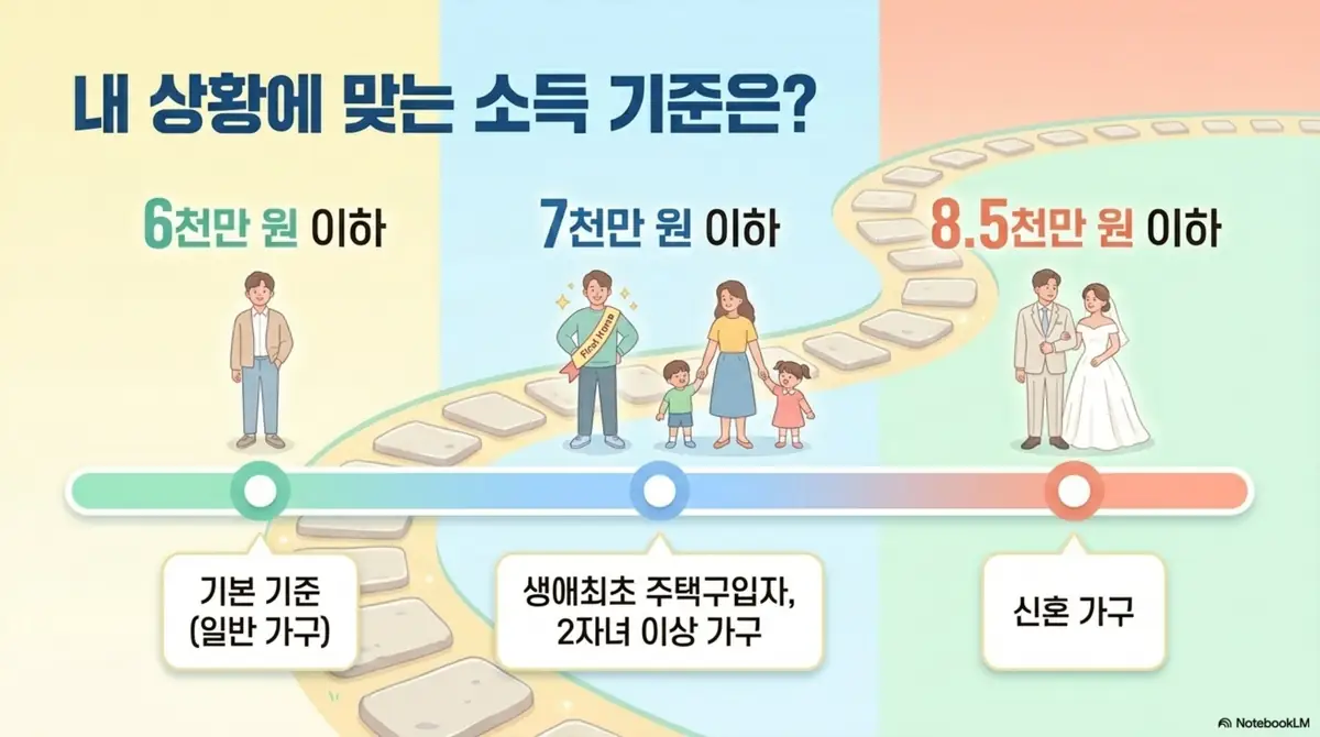 디딤돌대출 조건: 디딤돌대출 가구 유형별 소득 기준을 정리한 이미지. 일반 가구 6천만 원 이하, 생애최초와 2자녀 이상 가구 7천만 원 이하, 신혼 가구 8.5천만 원 이하 기준을 설명함