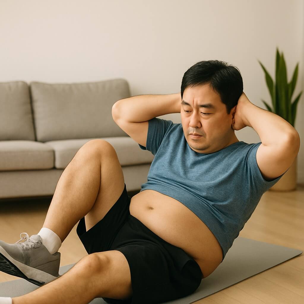 집에서 운동 매트를 깔고 자전거 크런치를 하는 중년 남성, 뱃살 감량을 위한 홈트레이닝 루틴 중