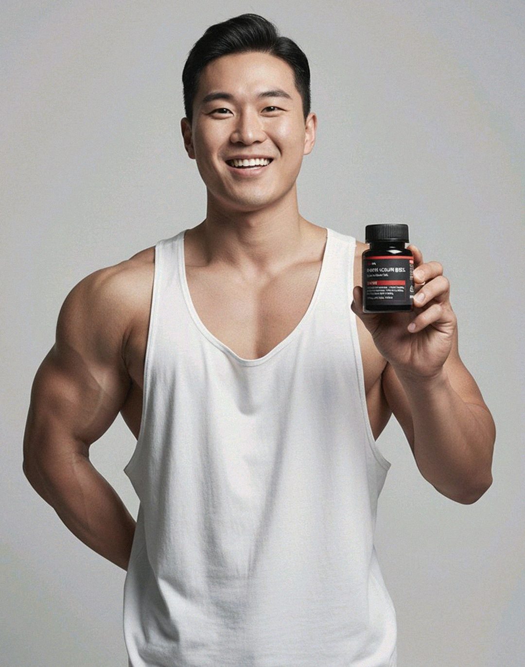 Korean Asian man in 40s looking at smartphone with supplement bottle