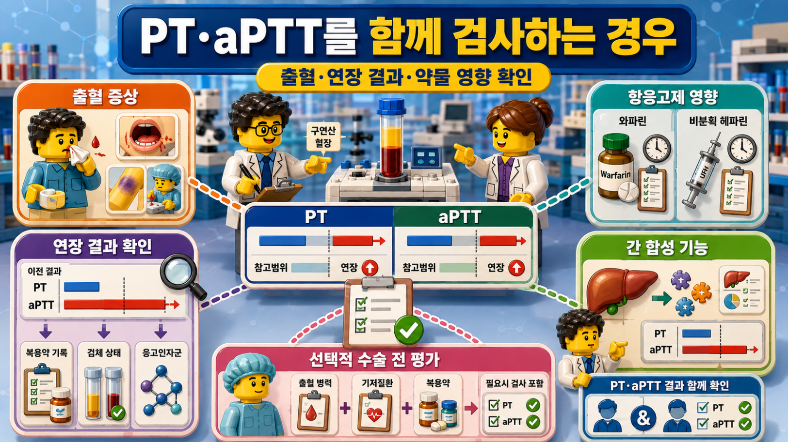 출혈 증상, 연장 결과, 항응고제 영향, 간 합성 기능, 선택적 수술 전 평가에서 PT와 aPTT를 함께 검사하는 상황을 정리한 레고 스타일 의료 포스터