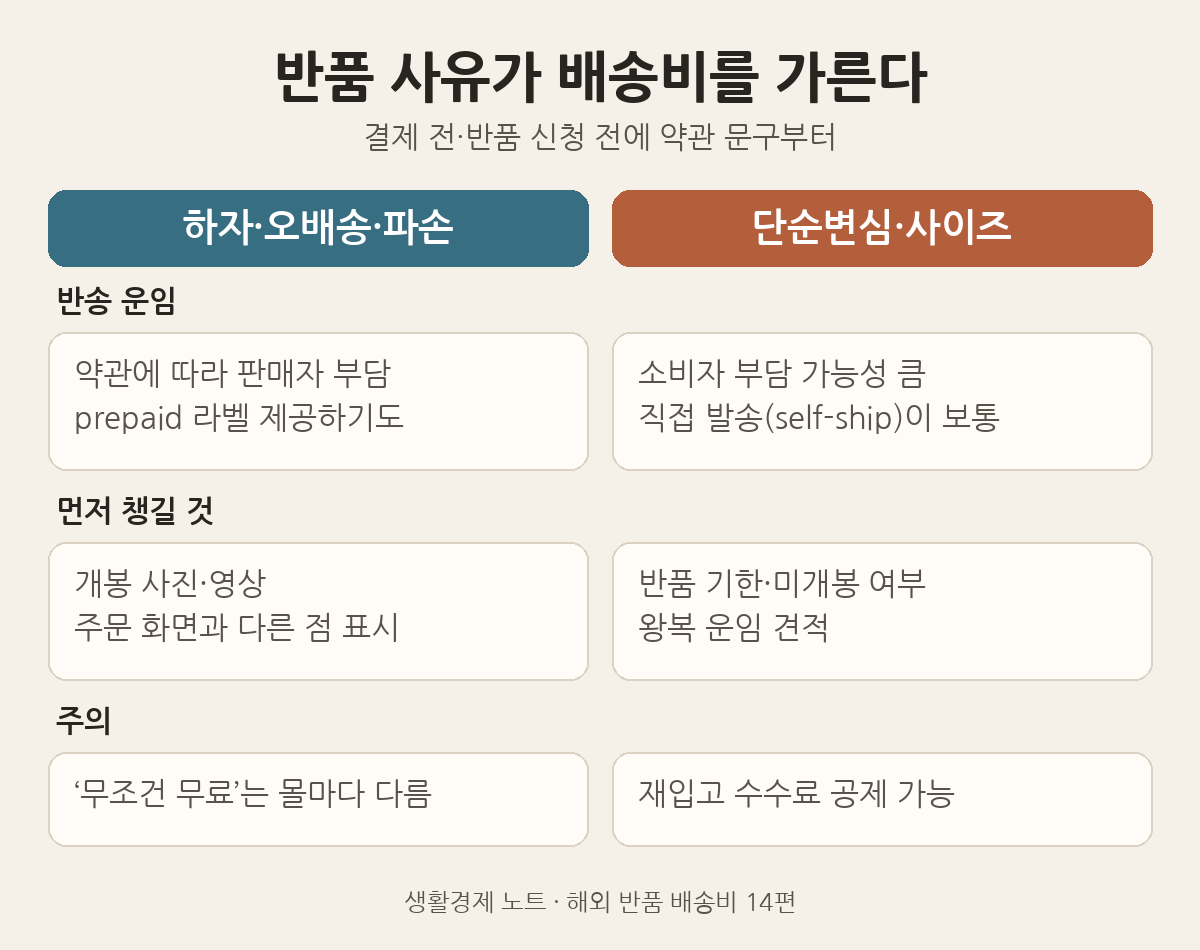 반품 사유별 배송비 비교: 하자&middot;오배송&middot;파손은 판매자 부담&middot;선불 라벨이 많고, 단순변심&middot;사이즈는 소비자 부담&middot;직접 발송이 많다