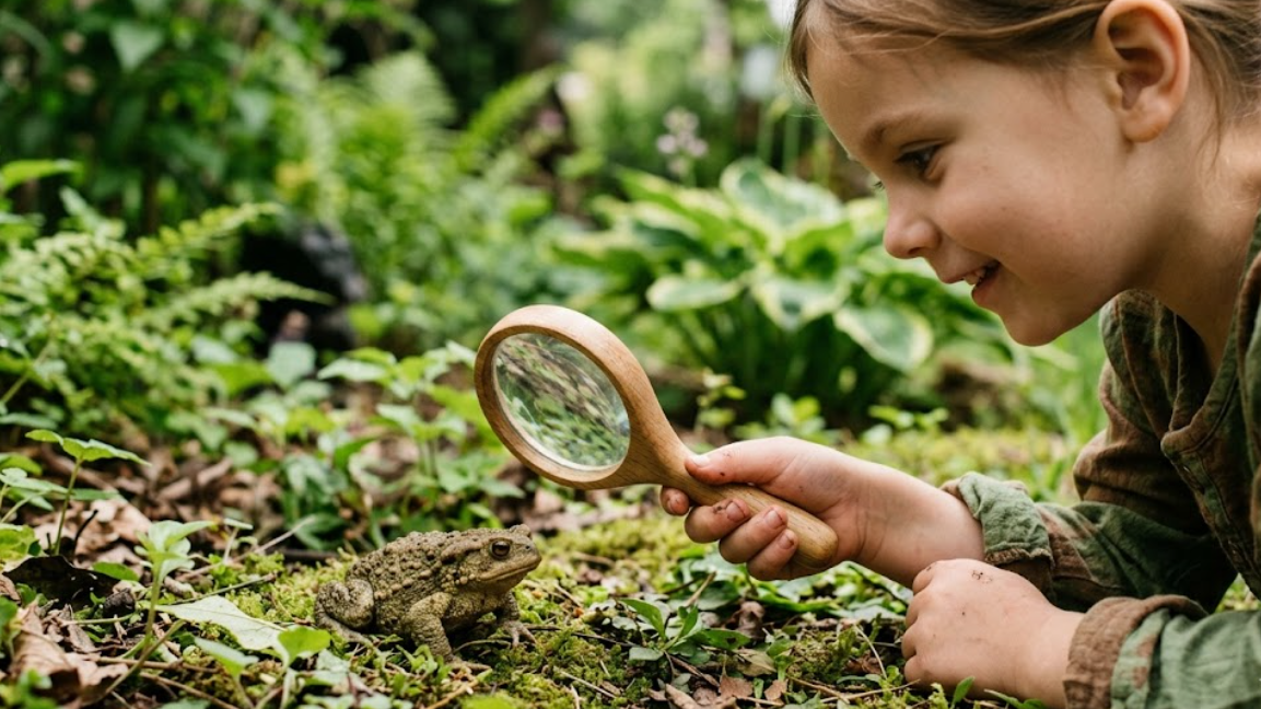 공포심 없이 돋보기로 두꺼비를 안전하게 관찰하는 아이의 모습