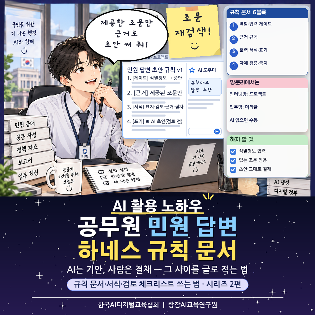 지자체 공무원 민원 답변 초안 하네스 엔지니어링 대표 이미지 &mdash; 규칙 문서 6블록&middot;서식&middot;검토 체크리스트 쓰는 법, AI 강사 강성희
