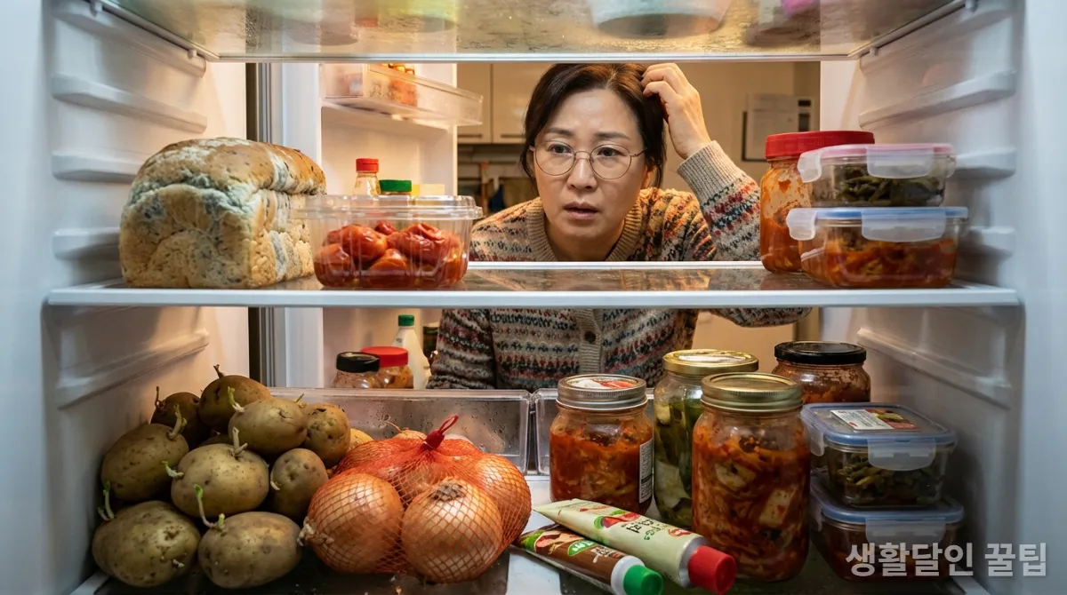 빵, 감자, 토마토 등 잘못 보관된 식품들로 가득 찬 한국 가정의 냉장고