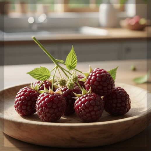 이슬이 맺힌 신선한 검붉은색 복분자 열매와 유리잔에 담긴 붉은색 복분자청 음료