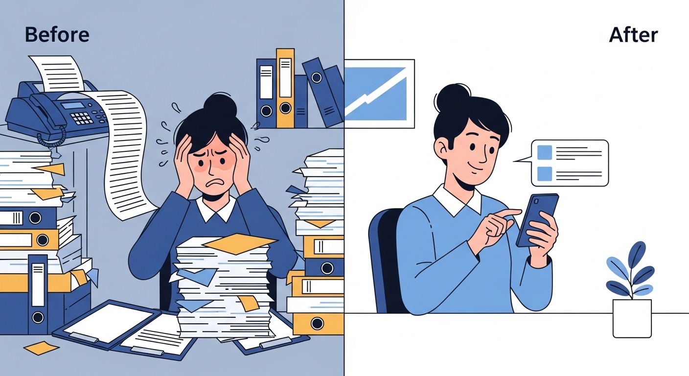 실손보험 청구의 과거와 현재 비교: 서류 더미에서 벗어나 앱으로 간편하게 청구하는 모습