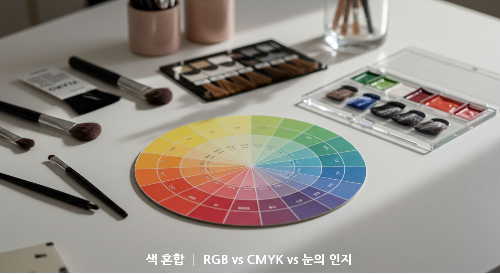 뷰티 도구와 색상환이 놓인 책상 위에 RGB&middot;CMYK 색 혼합 비교를 강조한 대표 이미지